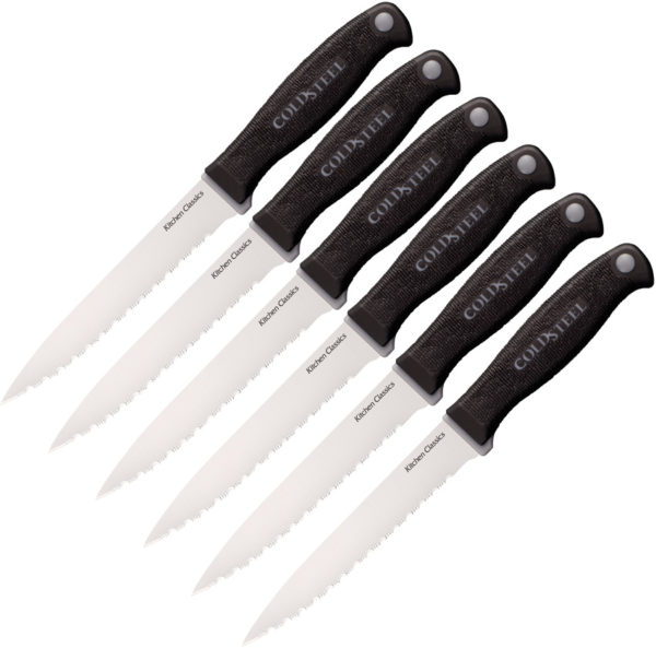 Cold Steel Steak Knives Kitchen Set, CS 59KSS6Z, Cold Steel Steak Knives Kitchen Set Drop Point Polymer Black Knife (Satin,Serr) CS 59KSS6Z