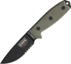 ESEE 3 MIL Green Micarta handle (3.75″, Black, Partially Serrated)