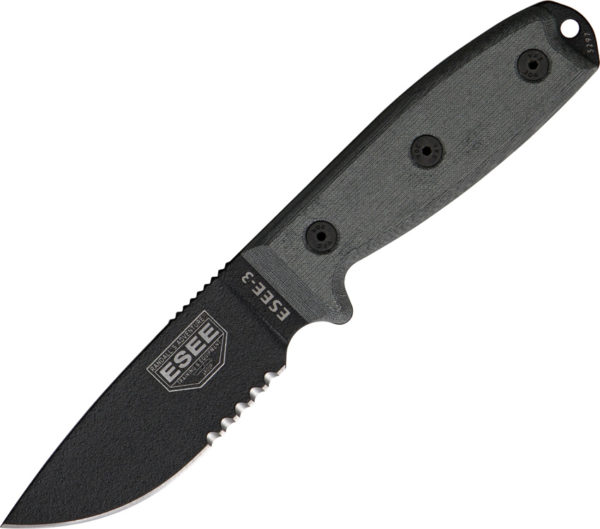 ESEE 3 Black Partially Serrated with Coyote Brown Sheath (3.75″)