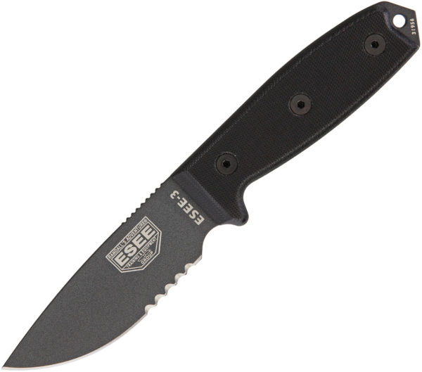 ESEE 3 Black Micarta Handle (3.75″, Black, Serrated)