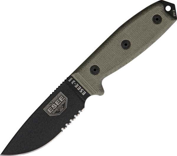 ESEE 3MIL Green Micarta Handle (3.88″, Black, Partially Serrated)