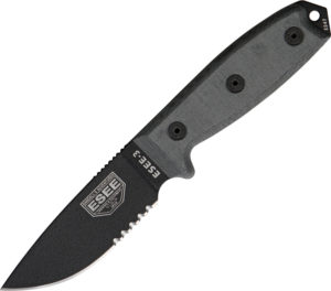 ESEE 3 Black Partially Serrated with Coyote Brown Sheath (3.75″, Black)