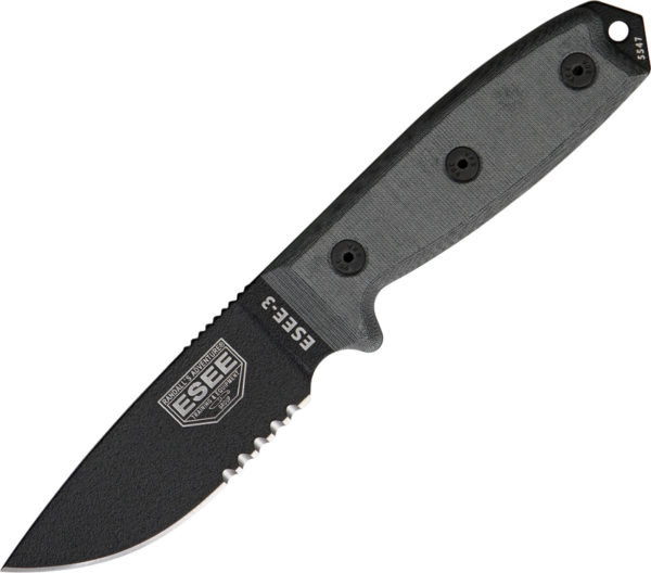 ESEE 3 Partially Serrated with Coyote Brown Sheath (3.75″ Black)